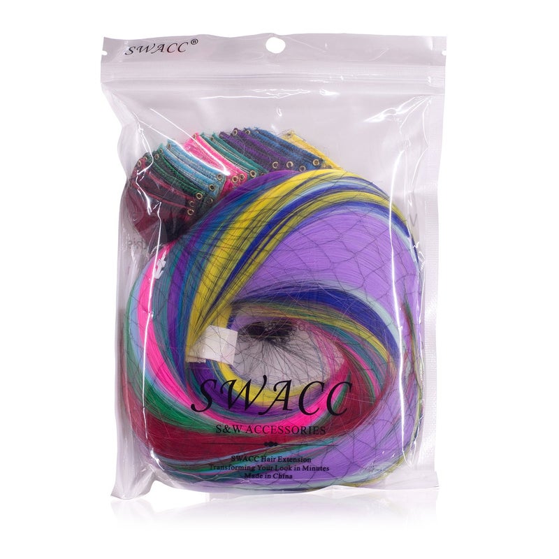 SWACC 22 Pcs Colored Party Highlights Clip on in Hair Extensions For Women Multi-Colors Hair Streak Synthetic Hairpieces (11 Colors 22 Pcs in Set -Straight) - Image 4